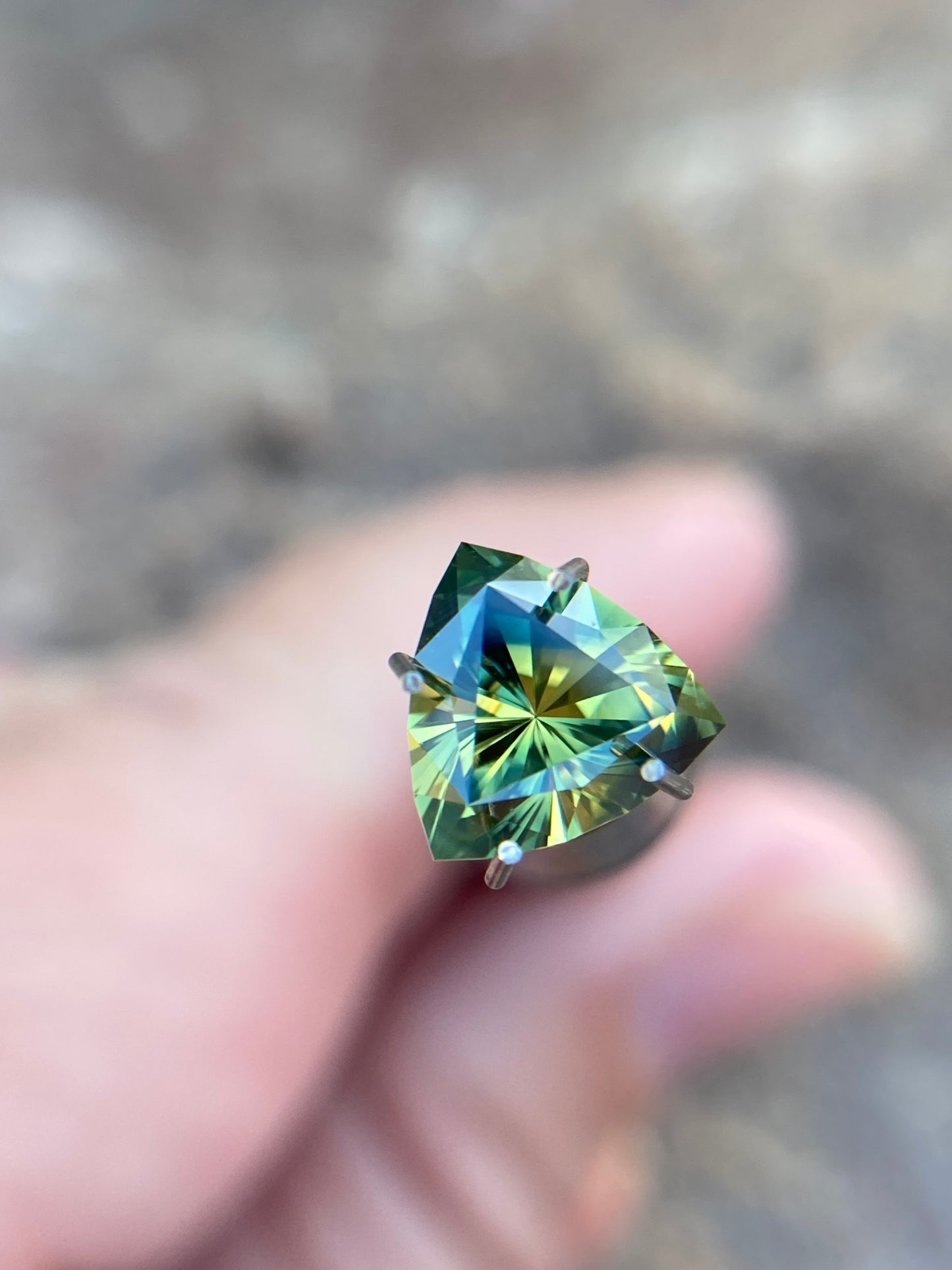 037- Australian Sapphire 1.71ct Yellow Green Parti ‘pharaohs eye’ TRILLION CUT