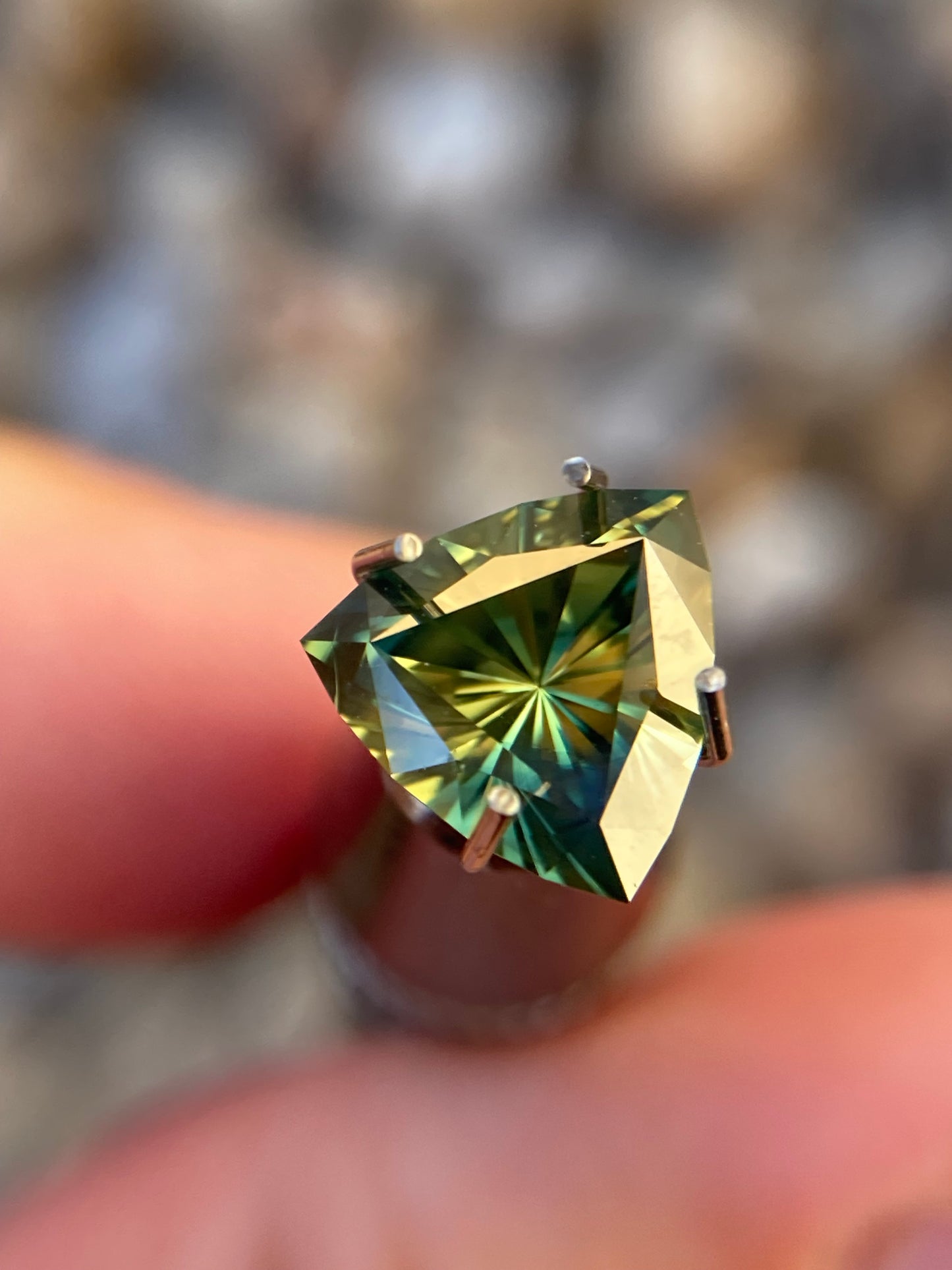 037- Australian Sapphire 1.71ct Yellow Green Parti ‘pharaohs eye’ TRILLION CUT