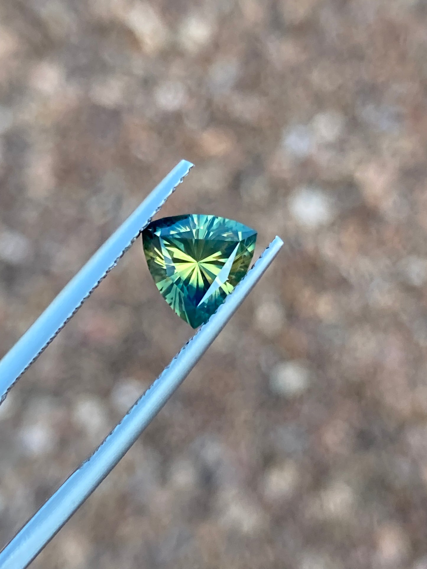 037- Australian Sapphire 1.71ct Yellow Green Parti ‘pharaohs eye’ TRILLION CUT