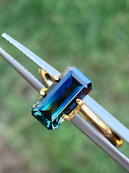 031- Australian Sapphire 3.28ct Deep Green Blue Parti EMERALD CUT engagement ring gem