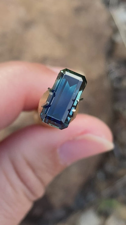 031- Australian Sapphire 3.28ct Deep Green Blue Parti EMERALD CUT engagement ring gem