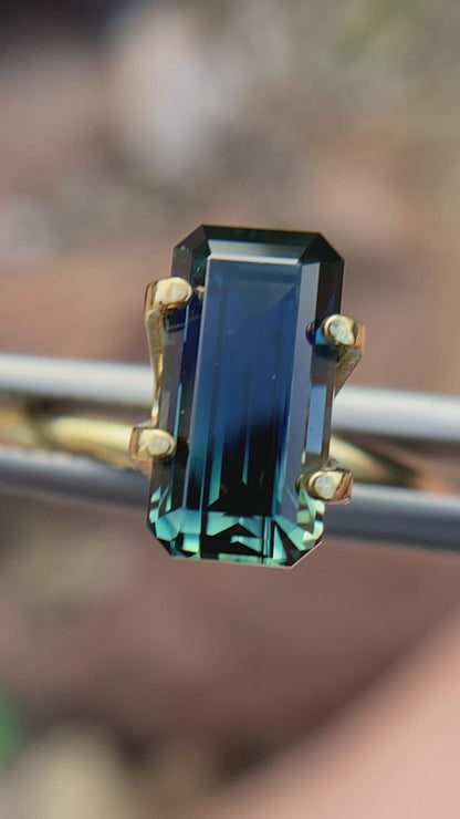 031- Australian Sapphire 3.28ct Deep Green Blue Parti EMERALD CUT engagement ring gem